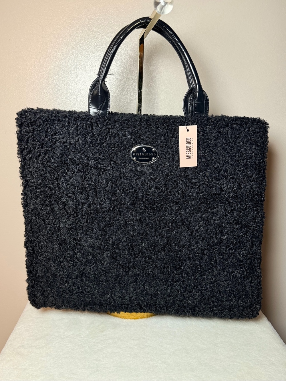 Missguided Black Textured Faux Shearling Tote with Gloss Handles NWT